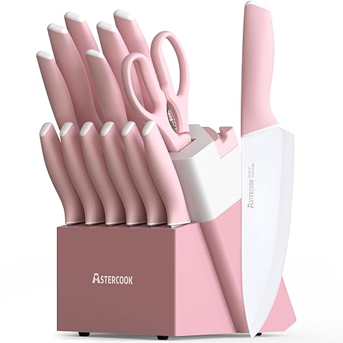 Astercook Knife Set, Kitchen Knives Set with Block and Sharpener Ceramic Coating 15 Pcs German Stainless Steel Knives Sharp Blade Dishwasher Safe Knife Block Set with Ergonomic Handle, Crystal Pink - Crystal Pink