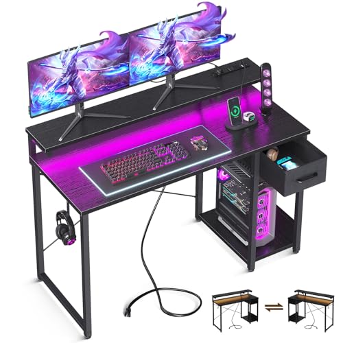 AODK Gaming Desk with LED Lights & Power Outlet, 48 Inch Computer Desk with Drawer, Reversible Desk with Adjustable Monitor Shelf & Headphone Hook for Home Office, Black - Black - 48 Inch