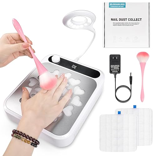 heemeei Nail Dust Collector, Dust Collector Nail Tech with LED Light & 2Pcs Reusable Filters & Cleaning Brush, Nail Fan Vacuum Dust Collector for Salon Home Manicure Acrylic Gel Nails Polishing - White2