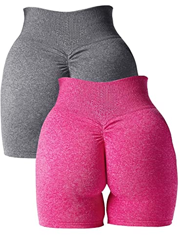 Abonlen Women Scrunch Seamless 2 Piece Workout Shorts High Waisted Yoga Shorts Gym Running Athletic Biker Shorts - Gray-carmine - Medium