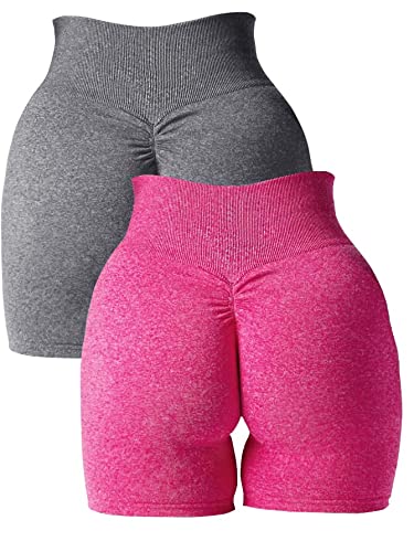 Abonlen Women Scrunch Seamless 2 Piece Workout Shorts High Waisted Yoga Shorts Gym Running Athletic Biker Shorts - Gray-carmine - Medium