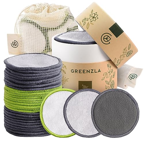 Greenzla Reusable Makeup Remover Pads, 30 Pack Washable Bamboo Cotton Pads Reusable with Mesh Laundry Bag, Cotton Travel Pouch, Cotton Pads Holder, Reusable Cotton Rounds for Face for All Skin Types - 30 Pack