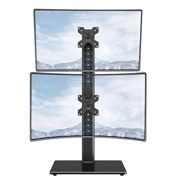 MOUNTUP Vertical Dual Monitor Stand, Stack Two Screens up to 32 inches,17.6 Lbs, Free-Standing Monitor Desk Mount, Monitor Riser with Swivel, Tilt, Height Adjustable, VESA Stand 100 x 100mm, 75 x 75mm
