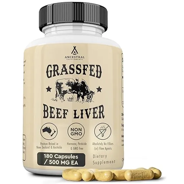 Ancestral Supplements Grass Fed Beef Liver 180 Capsules, Supports Energy Production, Detoxification, Digestion, Immunity and Full Body Wellness, Non-GMO, Freeze Dried Liver Health Supplement