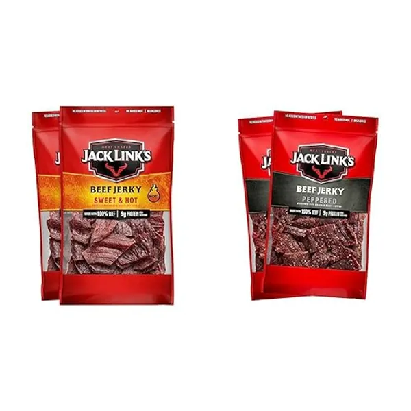 Jack Link's Beef Jerky, Sweet & Hot and Peppered, Flavorful Everyday Snack, Made with 100% Beef – 96% Fat Free, No Added MSG** – 9 Oz. (Pack of 4)