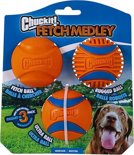 Chuckit! Dog Fetch Ball Medley, Medium, 3 Pack, Ultra, Rugged Balls Included - Medium (2.5") - Fetch Medley Gen 3