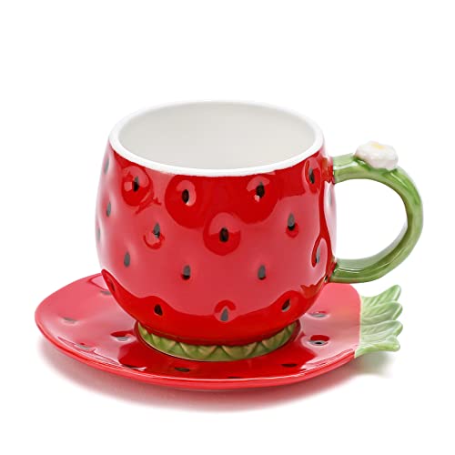 Noviko Ceramic Tea Cup and Saucer Coffee Mug Strawberry Coffee Cup with Saucer - 8 Ounce (Red) - Red