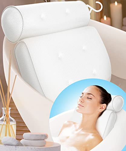 Bathtub Pillow for Neck and Back Support with 6 Non-Slip Suction Cups & Drying Hook - Machine Washable Bath Tub Pillow Headrest for Standard, Soaking & Straight Back Tubs - Bath Accessories for Women - 14x4x15 Inch (Pack of 1)