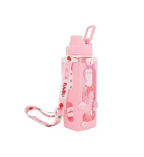 NEWSTYP Kawaii Bear Pastel Water Bottle With 3D Sticker 700ml Plastic Travel Tea Juice Milk Portable Cute Shaker Drink Bottle Gift (Pink) - Pink