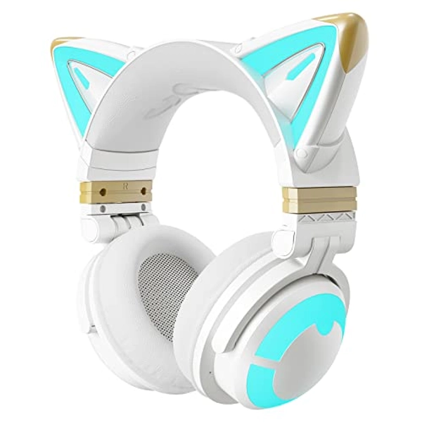 YOWU RGB Cat Ear Headphone 3G Wireless 5.0 Foldable Gaming Headset with 7.1 Surround Sound, Built-in Mic & Customizable Lighting and Effect via APP, Type-C Charging Audio Cable-White