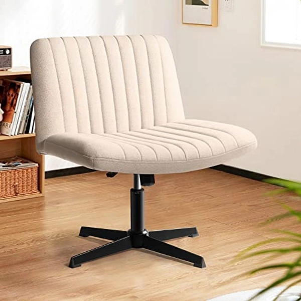 LEMBERI Fabric Padded Desk Chair No Wheels, Armless Wide Swivel,120° Rocking Mid Back Ergonomic Computer Task Vanity Chairs for Office, Home, Make Up,Small Space, Bed Room,Beige