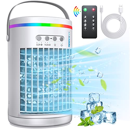 Portable Air Conditioners Fan,Wavego 1400ml Evaporative mini air conditioner with 7 Colors Light,3 Speeds Personal Air Conditioner,Personal Air Cooler with Humidifier for Room Bedroom Office (White) - White