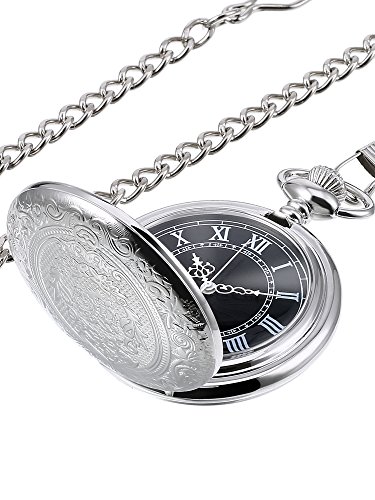 Quartz Pocket Watch for Men with Black Dial and Chain - Silver