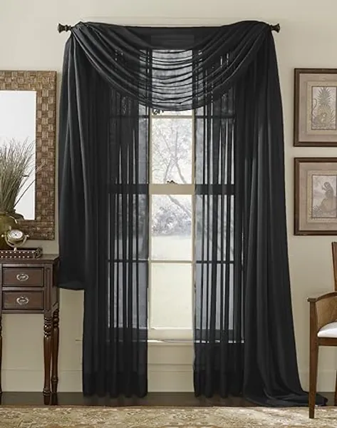3 Piece Black Sheer Voile Curtain Panel Set: 2 Black Panels and 1 Scarf