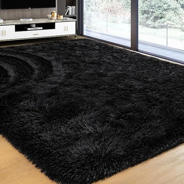 Softlife Rug for Living Room 5.3x7.6 Feet Area Rug for Bedroom Super Soft Shaggy Rugs for Kids Room Fluffy Fuzzy Carpets Long Plush Bedside Rug Nursery Christmas Home Decoration for Boys Girls, Black - 5.3x7.6 Feet - Black