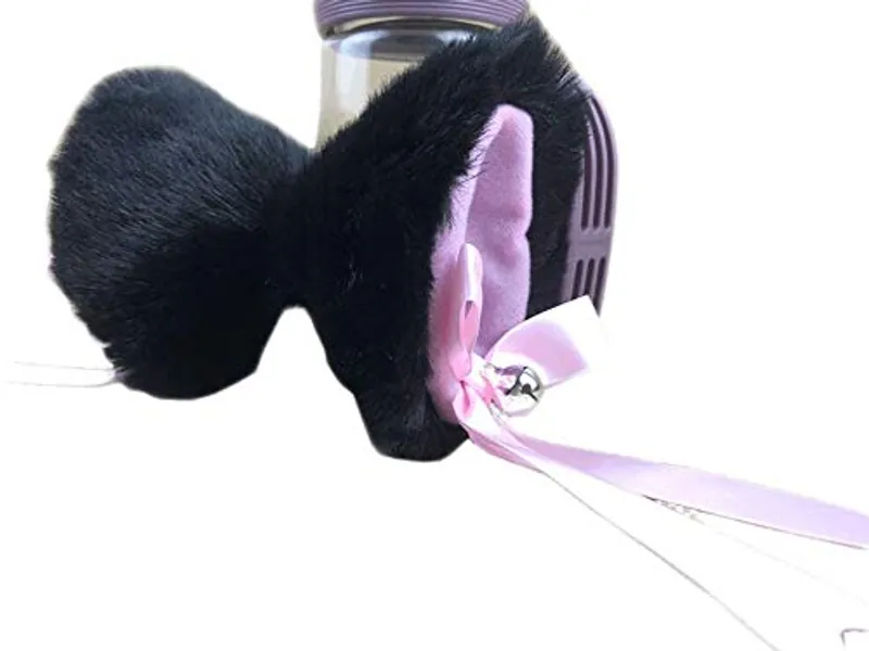 Ettonsun Furry Neko Cat Ears with Bell Kitty Ear Hair Clip Headband For Cosplay Costume Halloween Party Fancy Dress One Size Black with Pink inside