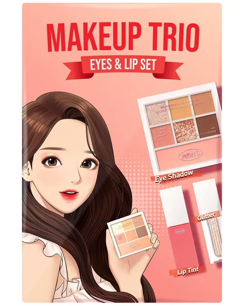 AMTS x True Beauty Makeup Edition, Some Sweet Trio, Valentine's Gift Set (Eyeshadows, Eyeglitter, Lip stain tint) | Matte Shimmer Pearls Sparkle Metallic, Long Lasting Daily Makeup | True Beauty's Lovely Coral Peach Shades| Pink Gold Makeup Set