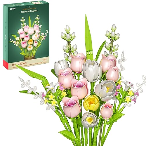 EWED Tulip & Rose Flower Bouquet Building Set 18-Pack, Christmas, Mother's Day, or Valentine's Gifts Ideal for Women, Girls and Boys, Roses Toy Building Set Home Decor