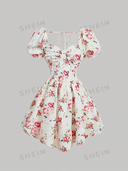 Floral Print Puff Sleeve Dress