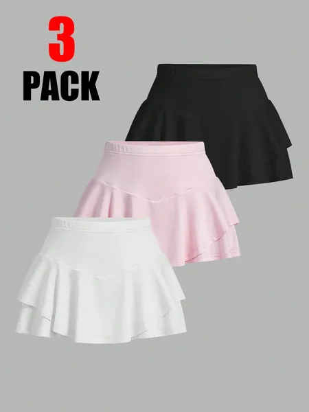 SHEIN EZwear 3pcs Elastic Waist Solid Color Ruffle Hem Shorts