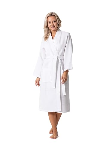 Turkish Linen Waffle Knit Lightweight Kimono Spa & Bath Robes for Women - Quick Dry - Soft - Large - White