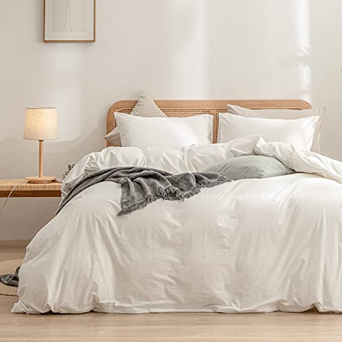  Duvet Cover Set 100% Washed Cotton Linen Feel Super Soft Comfortable Chic Lightweight 3 PCs Home Bedding Set Solid Off White Queen - Off White