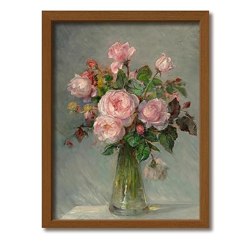 Framed Canvas Wall Art Decor, Vintage Floral and Scenic Oil Painting Prints, Rustic Home Wall Art Decor for Bedroom, Bathroom, or Office Walls (Pink Rose, 12“X16) - 12“X16" - Pink Rose