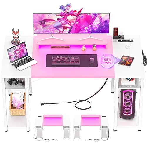 armocity Computer Desk with LED Lights, 55 Inch Desk with Power Outlet and USB, Reversible Large Desk with Moveable Monitor Stand, 55.2'' Gaming PC Table for Home Office, Workstation, Pink and White - 55.2" - Pink
