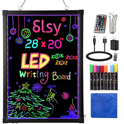 Slsy Illuminated LED Message Writing Board, 24''X16" Erasable Neon Effect Menu Sign Board with 8 Fluorescent Makers, 26 Flashing Modes, Remote Control Message Board - 24'' X 16''