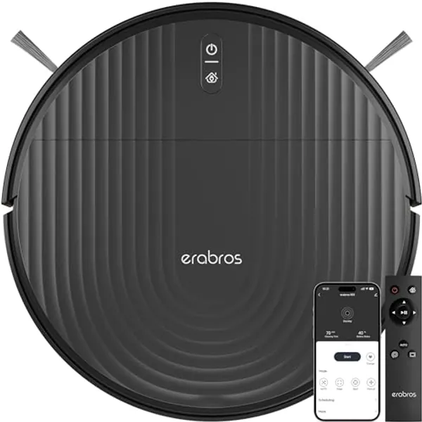 erabros RS1, Robot Vacuum Cleaner, Automatic Recharge, Tangle-Free, 140min Runtime, Auto/Edge/Spot Mode, APP/Remote/Voice Control, Scheduling, Alexa and Google, Hard Floor, Carpet, Ideal for Pet Hair