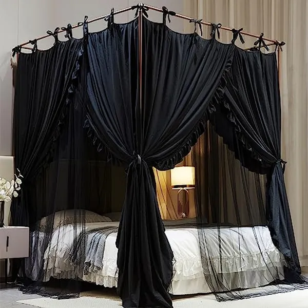 AIOOO 4 Corners Post Princess Curtain Bed Canopy Double Layer Cozy Mosquito Net Mesh and Cloth for Girls Adults Bedroom Decoration (Double-Black/Black, 59" W*82" L*82"*H/(Queen))