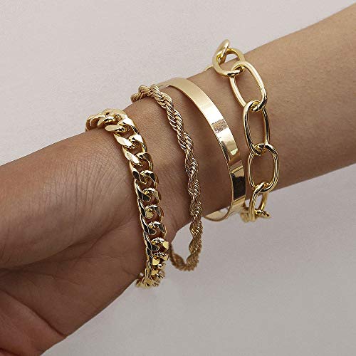 fxmimior Dainty Boho Gold Silver Chain Bracelets Set for Women Adjustable Fashion Beaded Chunky Flat Cable Chain Punk Bracelets Jewelry for Women Girls Gift Set of 4 - Gold