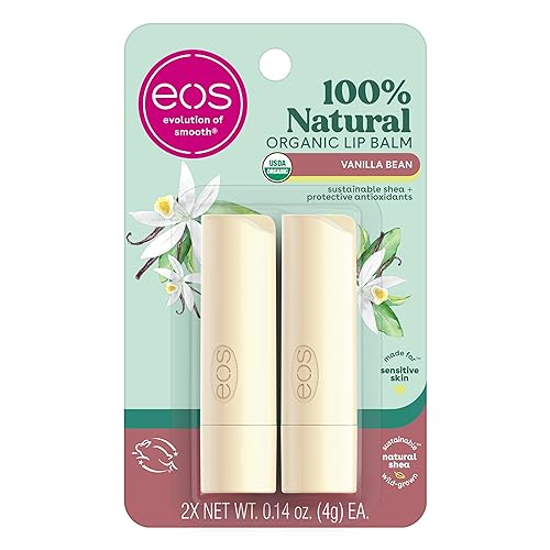 eos 100% Natural & Organic Lip Balm Sticks- Vanilla Bean, All-Day Moisture, Dermatologist Recommended, 0.14 oz, 2-Pack - Vanilla Bean - 0.14 Ounce (Pack of 2)