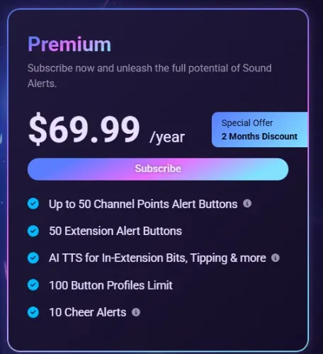 Sound alerts premium for a year