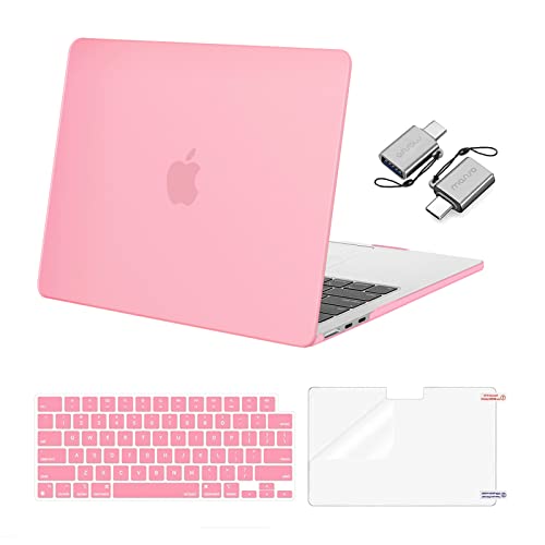 MOSISO Compatible with MacBook Air 13 inch Case 2024 2023 2022 M3 A3113 M2 A2681 Touch ID, Plastic Hard Shell&Keyboard Cover&Screen Film&Type C Adapter for MacBook Air 13.6 inch Case, Pink - Pink