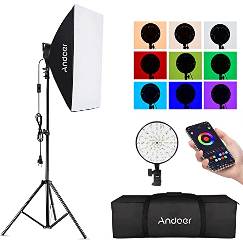 Andoer Softbox Set Fotostudio 50x70cm mit RGB Softbox Beleuchtungsset 50W 3200K-5500K APP-Steuerung,2m verstellbare Lichtstative und Transporttasche für YouTube,TikTok,Studio-und Produktfotografie