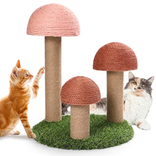 PowerKing Cat Scratching Post, Mushroom Claw Scratching Post for Cat, Natural Sisal Cat Scratchers with 3 Mushroom Pole, Cat Interactive Toys - 3 Mushroom Caps-Brown Pink