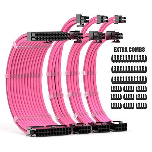 YINGYI PSU Cable Extensions Kit 30CM Length with 2 colors Cable Combs Extension Power Supply PC Sleeved Cable 24Pin 8Pin(4+4) 8Pin(6P+2P) for ATX Power Supply(Pink)