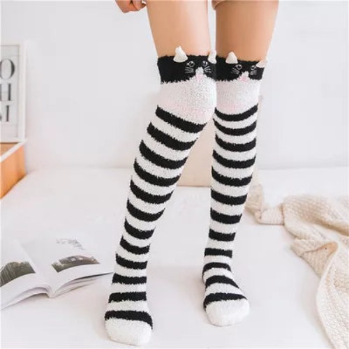 Kawaii Striped Animal Thigh High Socks - Kitty