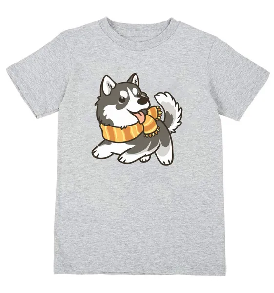 Atprints Cute Little Husky Dog Scarf Cartoon Graphic T-Shirt da Bambino Unisex