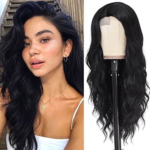 Esmee Long Black Wavy Lace Wig for Women Middle Part Curly Wavy Wig Natural Looking Synthetic Heat Resistant Fiber Wig for Daily Party Use 26 Inch - Black
