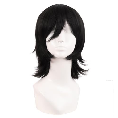 MapofBeauty 14 Inch/35 cm Short Cosplay Wolf Tail Synthetic Side Bangs Party Wig (Black) - Black