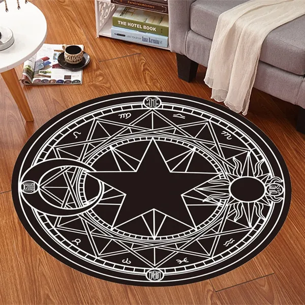 'Element' Black and White Sun, Moon and Star Round Rug