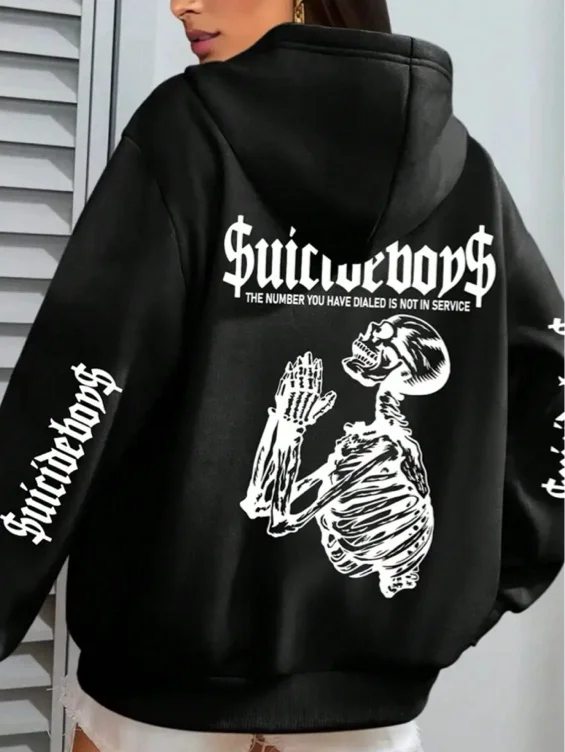 [Plus Size] Women's 'Out Of Service' Hoodie: Skull Print & Kangaroo Pocket Fleece Sweatshirt