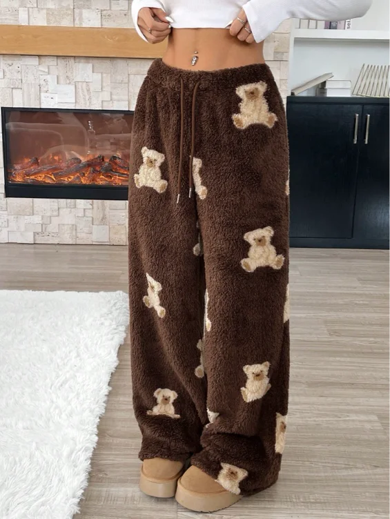 SHEIN EZwear Women's Casual Cartoon Bear Pattern Drawstring Waist Teddy Fleece Long Pants, Autumn/Winter