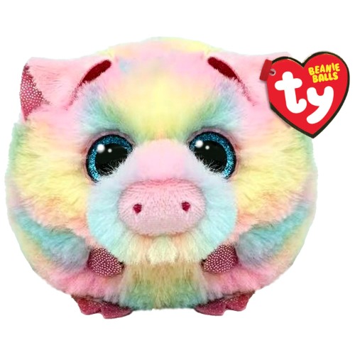 Ty Beanie Balls - Pigasso het varken, meerkleurig met blauwe glitterogen, zachte en ronde pluche dieren om te verzamelen - 8 cm - T42551