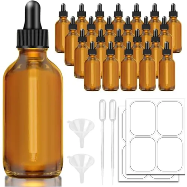 Bumobum 4oz Dropper Bottles for Essential Oils, 24 Pack 120ml Amber Glass Dropper Bottles with Eye Dropper, 2 Funnel and 2 Long Dropper, Empty Tincture Bottles for Travel, Home use