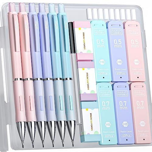 Four Candies Pastel Mechanical Pencil Set - 6PCS 0.5 mm & 0.7mm Pencils with 360PCS HB #2 Lead Refills, 3PCS Erasers and 9PCS Eraser Refills, Cute School Supplies Stuff for Student Writing Drawing - 0.5mm + 0.7mm