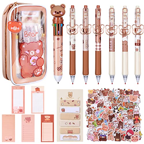 PerKoop 15 Pcs Kawaii Bear Stationery Set Includes Bear Pencil Case, Ballpoint Pen, Multicolor Pen, Memo Notes, Bear Memo Notes, Sticky Tags for Boys Teen Girls School Supplies (Classic) - Classic