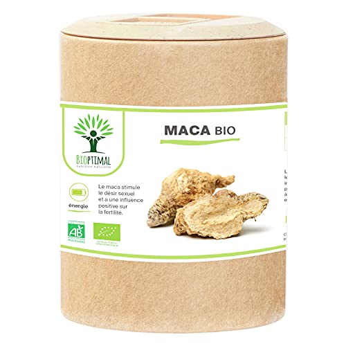 Maca Bio - Complément Alimentaire Bioptimal - Superaliment - Poudre Maca Pérou - Gélule de 300 mg - Energie Sexualité Fertilité Aphrodisiaque - Conditionné en France - Certifié Ecocert - 200 gélules - 200 Unité (Lot de 1)